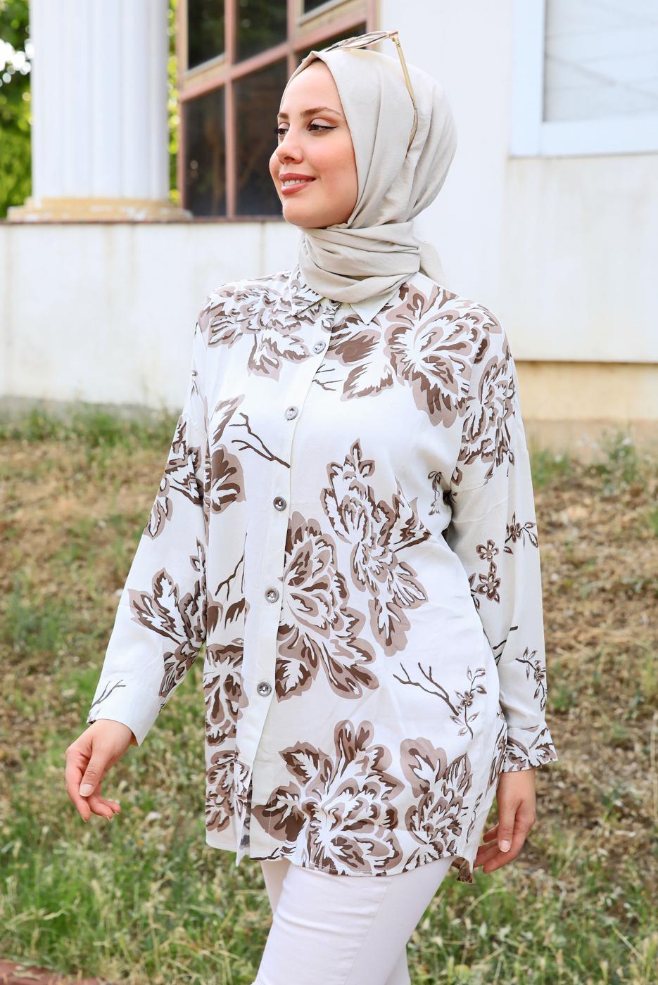 Tesettür giyim KREM DESENLİ PAMUKLU TUNİK T 3613