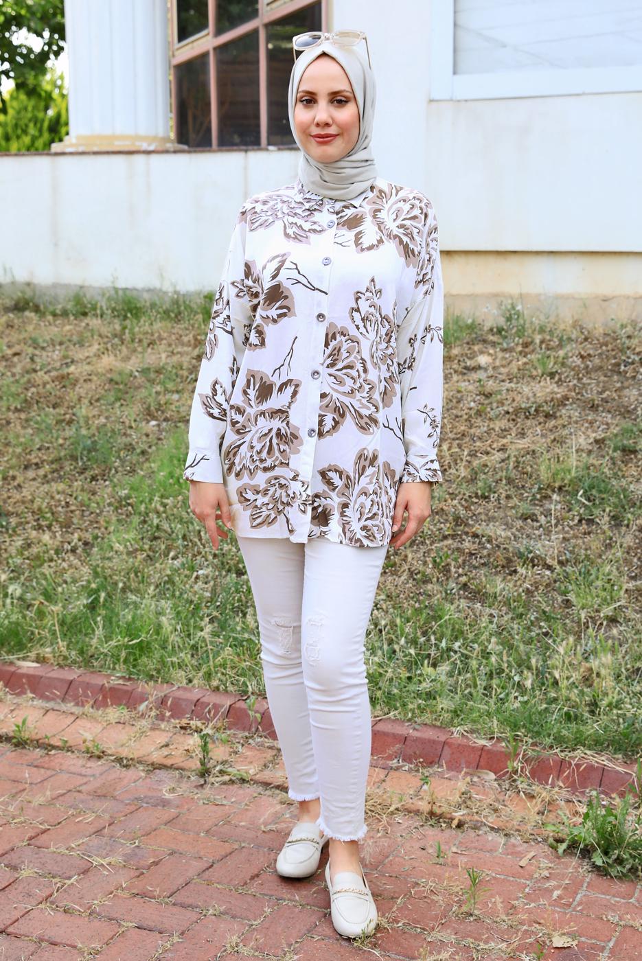 Tesettür giyim KREM DESENLİ PAMUKLU TUNİK T 3613