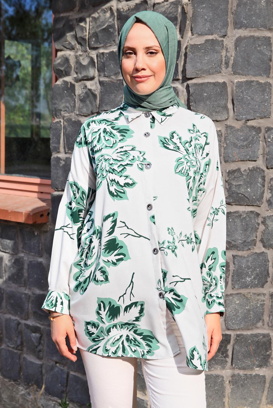 Tesettür giyim KREM DESENLİ PAMUKLU TUNİK T 3613