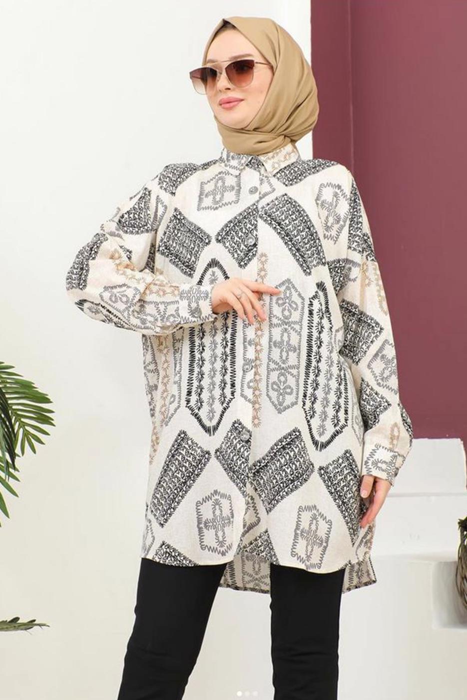 Tesettür giyim SİYAH DESENLİ PAMUKLU GÖMLEK TUNİK T 3621