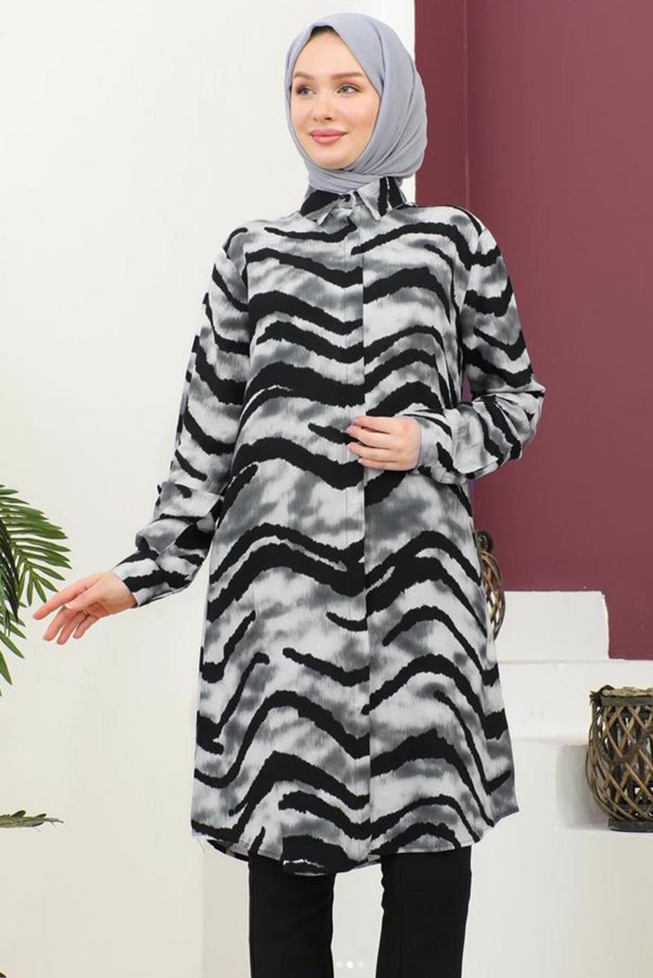 Tesettür giyim SİYAH PAMUKLU DESENLİ TESETTÜR TUNİK T 3622