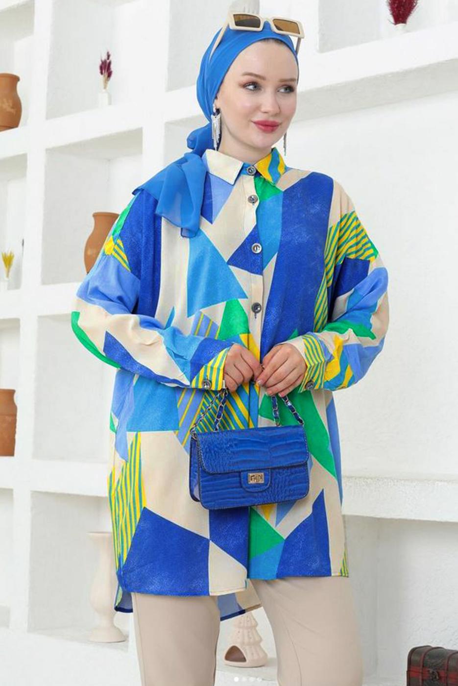 Tesettür giyim MAVİ DESENLİ PAMUKLU GÖMLEK TUNİK T 3641