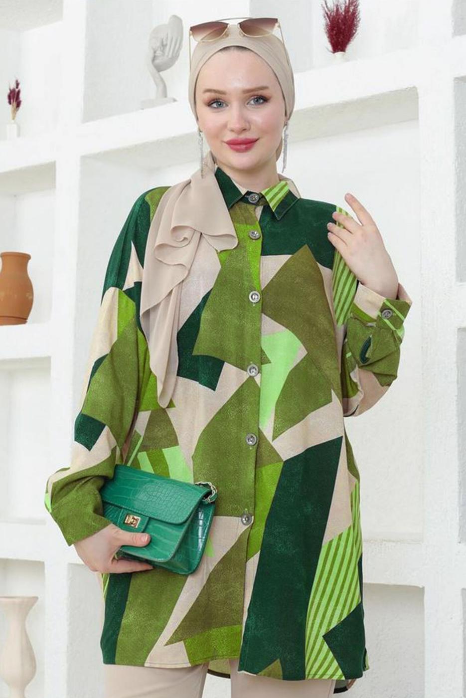 Tesettür giyim YEŞİL DESENLİ PAMUKLU GÖMLEK TUNİK T 3641