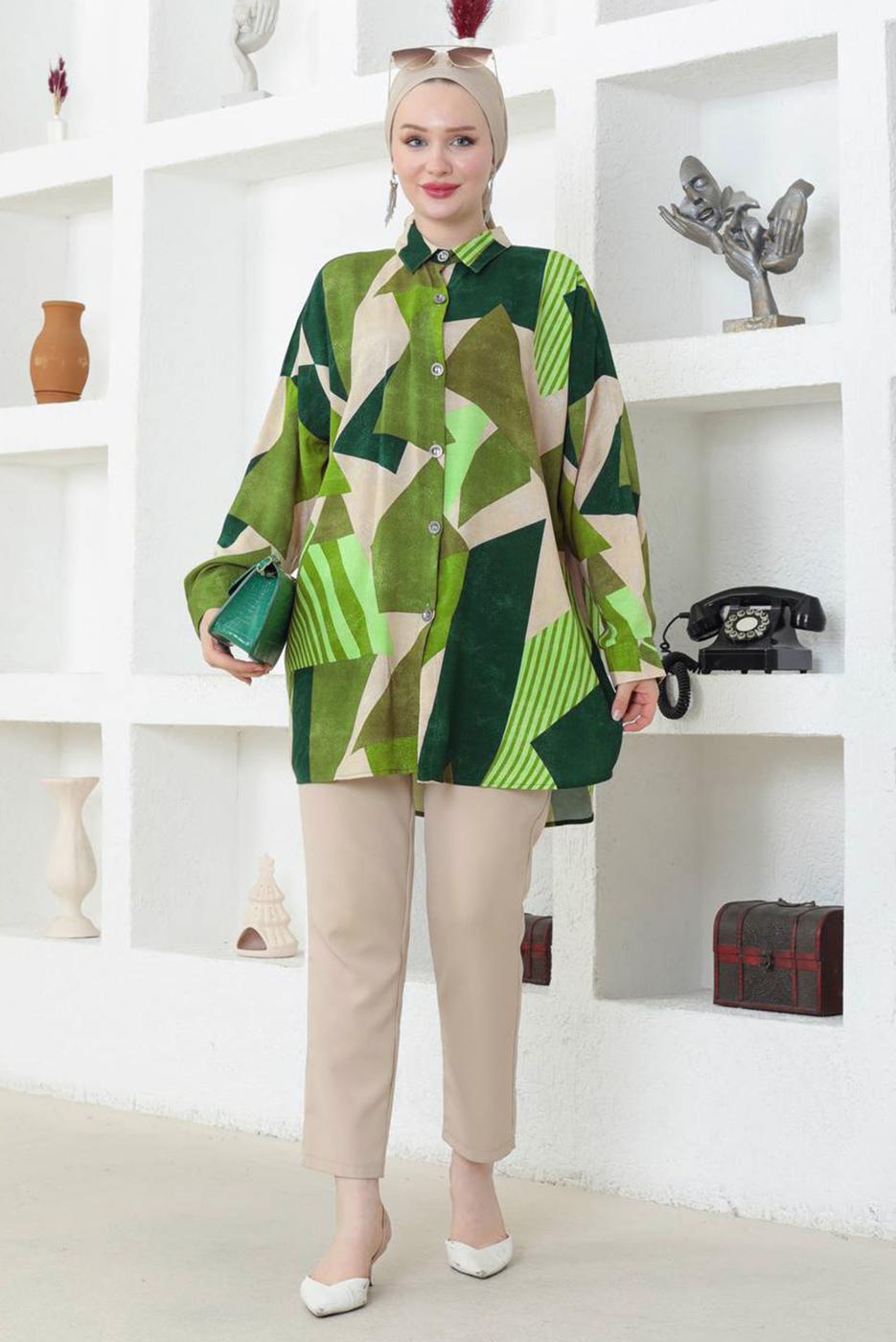 Tesettür giyim YEŞİL DESENLİ PAMUKLU GÖMLEK TUNİK T 3641