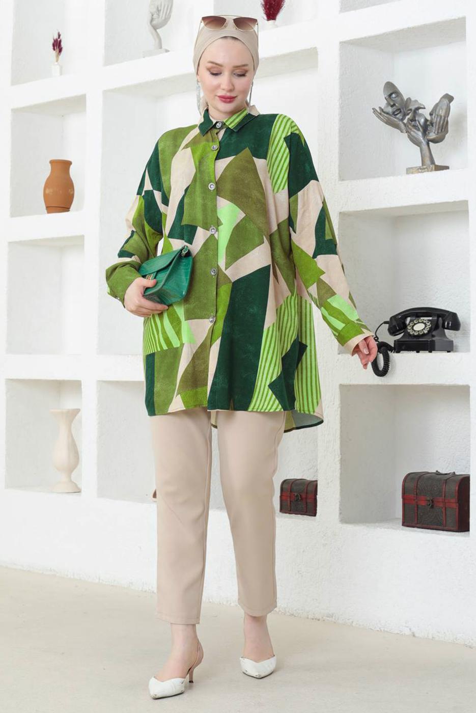 Tesettür giyim YEŞİL DESENLİ PAMUKLU GÖMLEK TUNİK T 3641