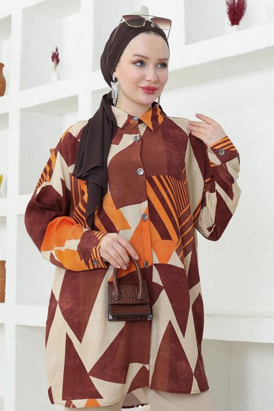 Tesettür giyim TURUNCU DESENLİ PAMUKLU GÖMLEK TUNİK T 3641