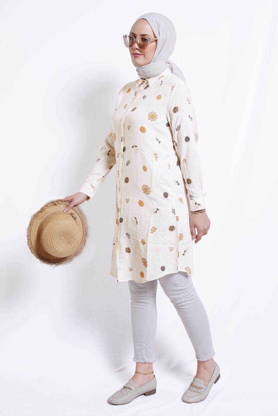 Tesettür giyim BEJ DESENLİ VİSKON TUNİK T 3642