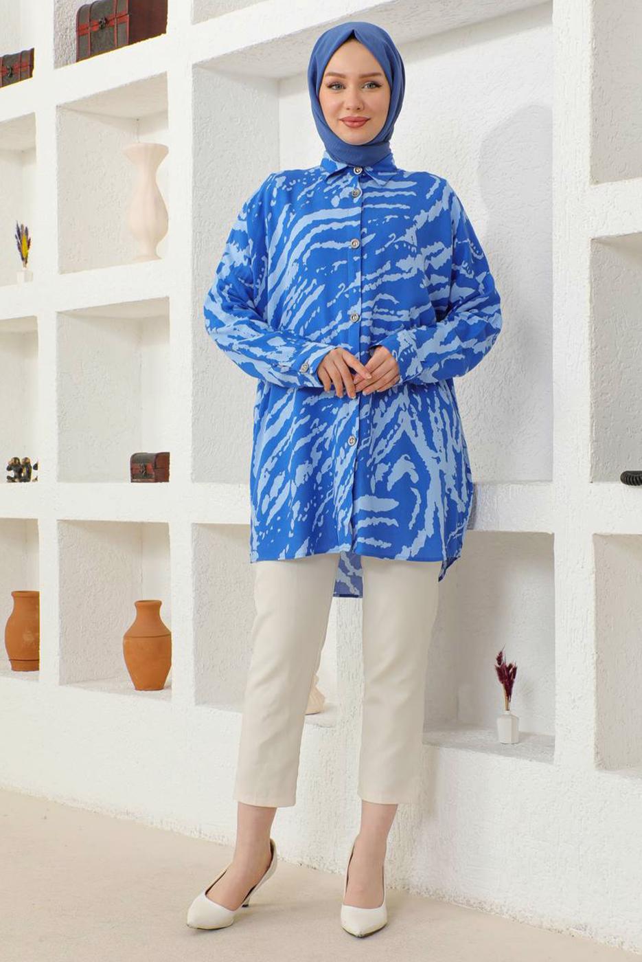 Tesettür giyim MAVİ DESENLİ TESETTÜR GÖMLEK TUNİK T 3652