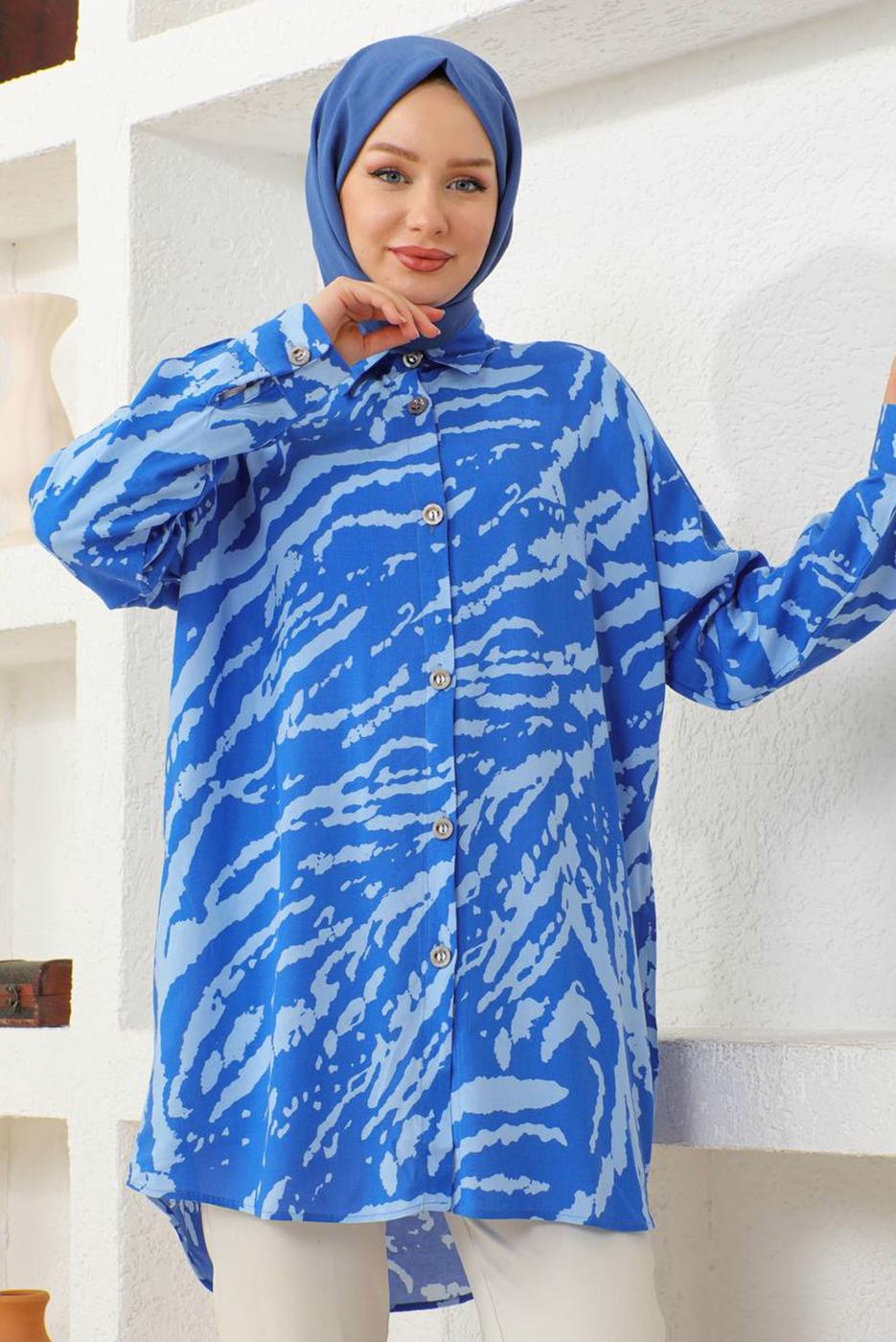 Tesettür giyim MAVİ DESENLİ TESETTÜR GÖMLEK TUNİK T 3652