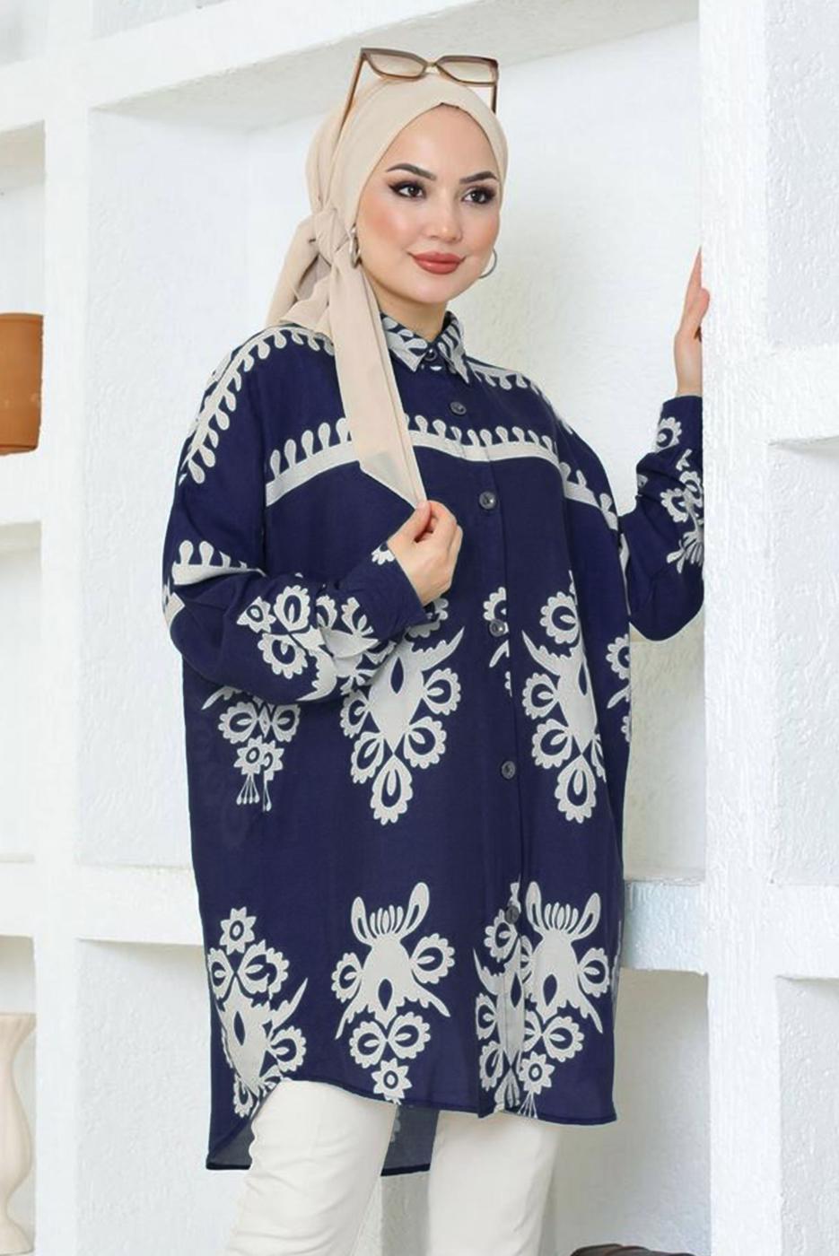 Tesettür giyim LACİVERT DESENLİ PAMUKLU TUNİK T 3803