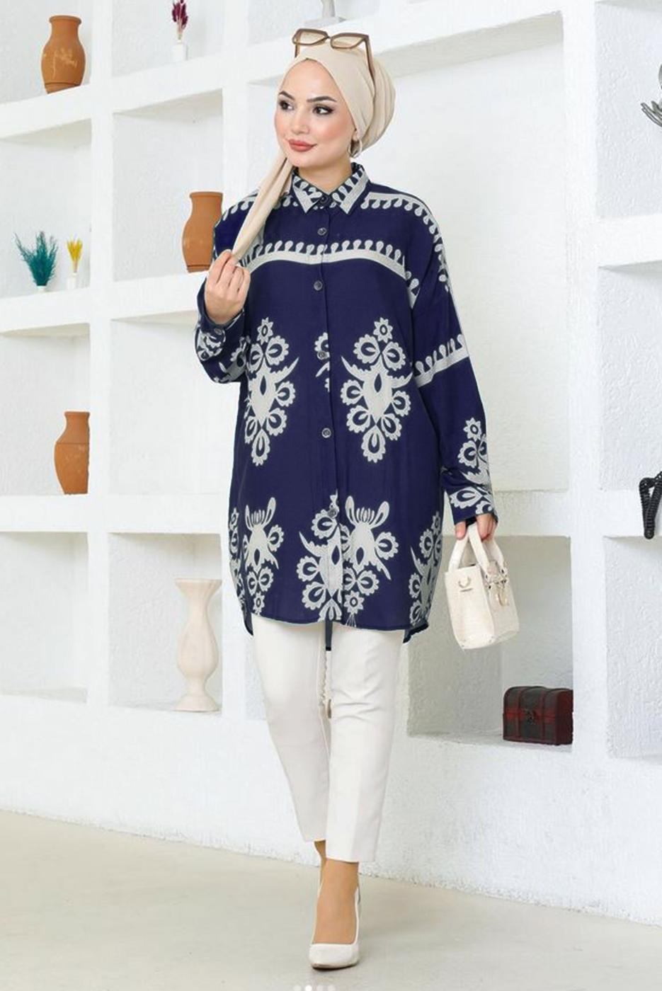 Tesettür giyim LACİVERT DESENLİ PAMUKLU TUNİK T 3803