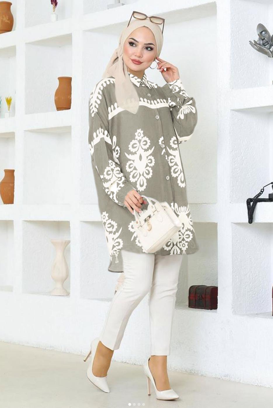 Tesettür giyim VİZON DESENLİ PAMUKLU TUNİK T 3803