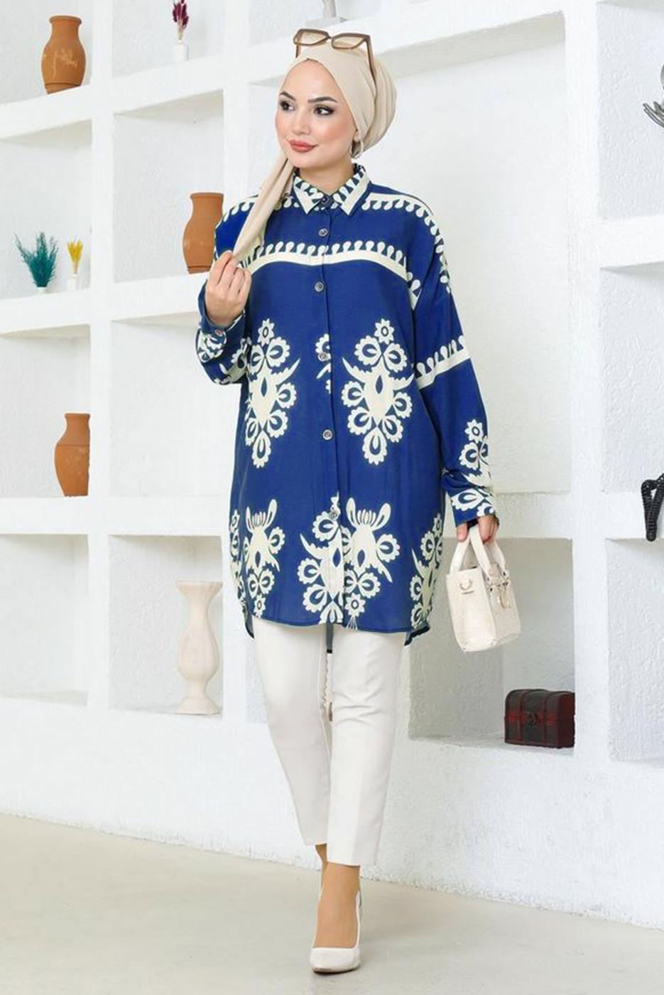 Tesettür giyim LACİVERT DESENLİ PAMUKLU TUNİK T 3803