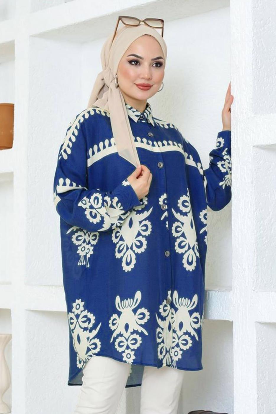 Tesettür giyim LACİVERT DESENLİ PAMUKLU TUNİK T 3803