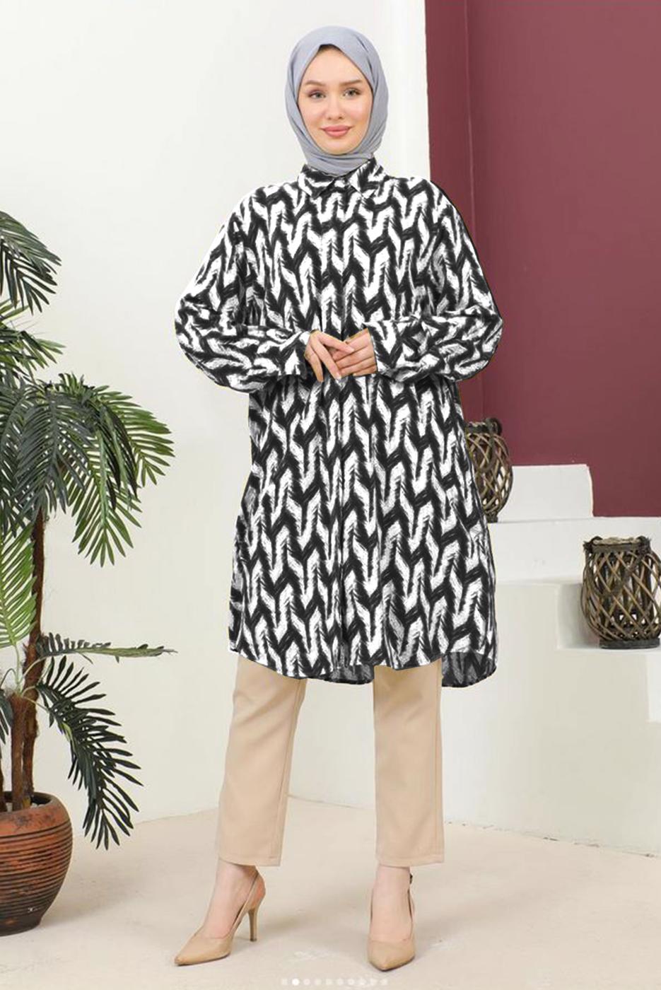 Tesettür giyim SİYAH DESENLİ PAMUKLU TUNİK T 3810
