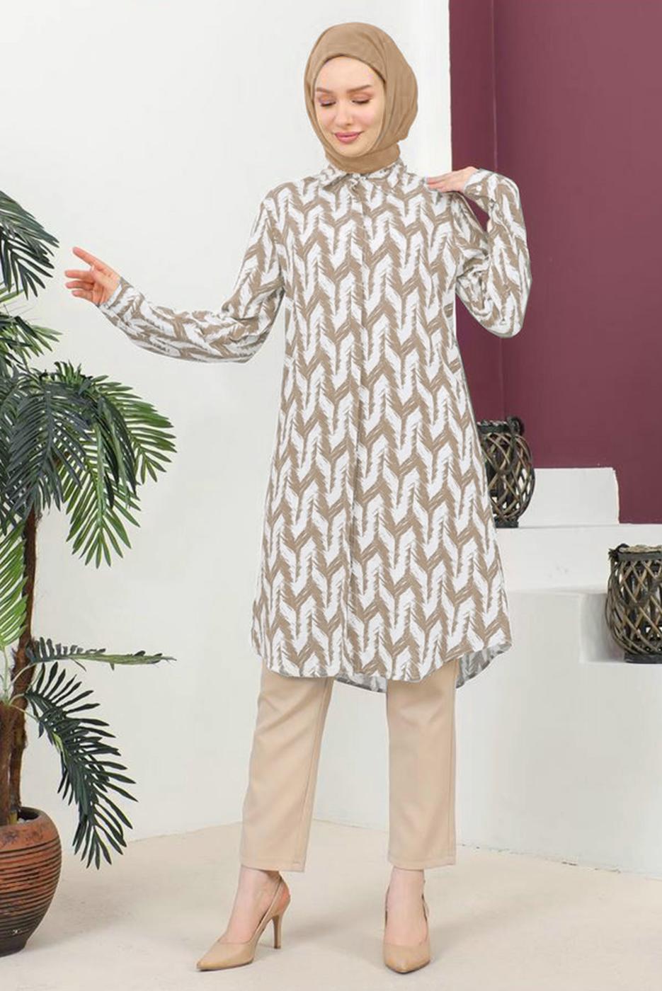 Tesettür giyim VİZON DESENLİ PAMUKLU TUNİK T 3810