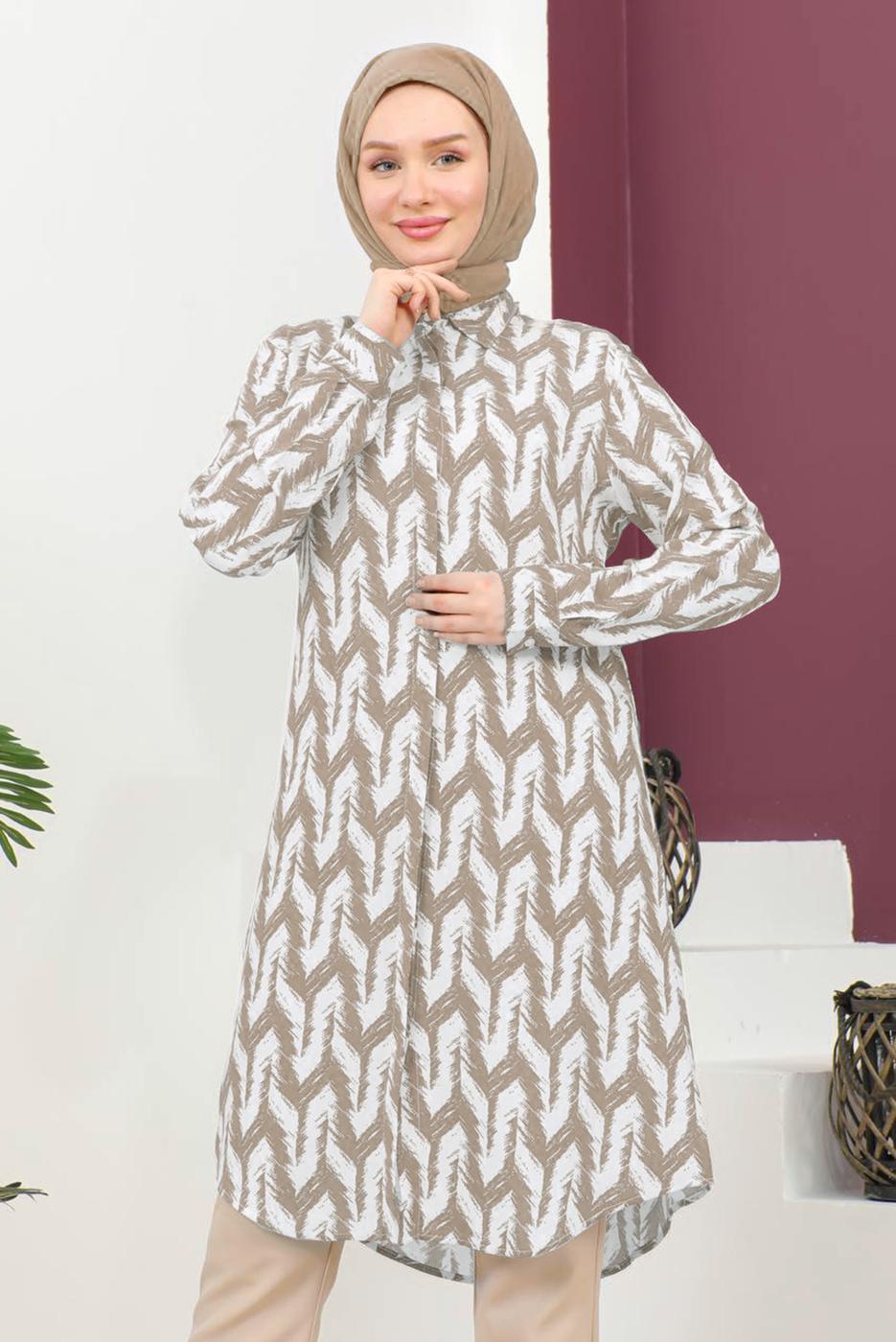 Tesettür giyim VİZON DESENLİ PAMUKLU TUNİK T 3810