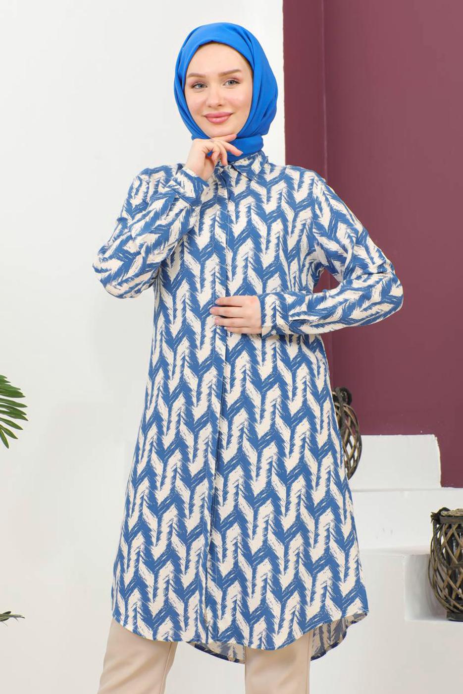 Tesettür giyim LACİVERT DESENLİ PAMUKLU TUNİK T 3810