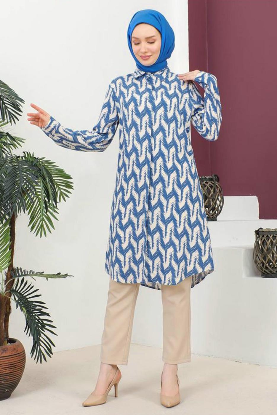Tesettür giyim LACİVERT DESENLİ PAMUKLU TUNİK T 3810