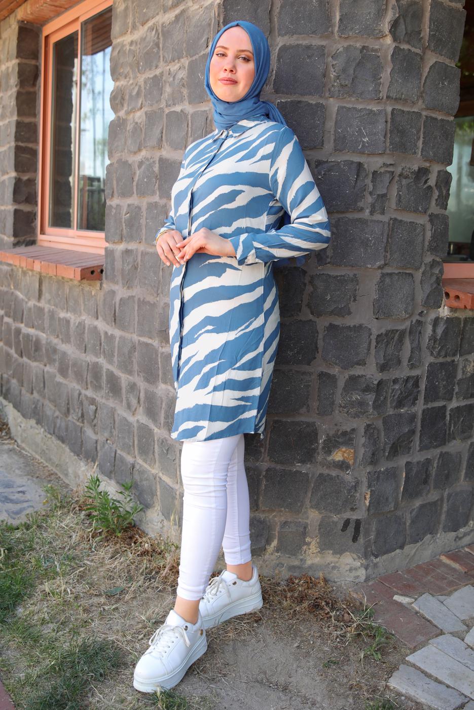 Tesettür giyim LACİVERT  ZEBRA DESENLİ TUNİK T 3813