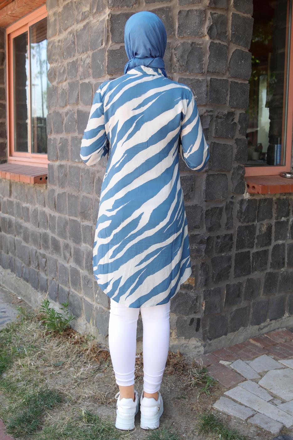 Tesettür giyim LACİVERT  ZEBRA DESENLİ TUNİK T 3813