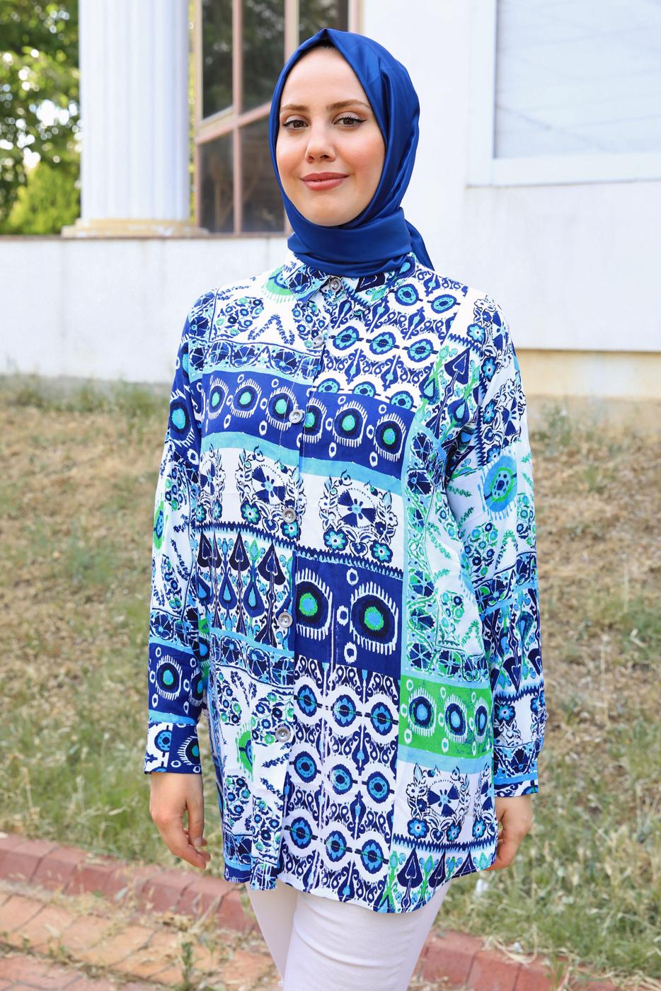 Tesettür giyim MAVİ DESENLİ PAMUKLU TUNİK T 3817