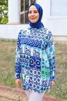 Tesettür giyim MAVİ DESENLİ PAMUKLU TUNİK T 3817