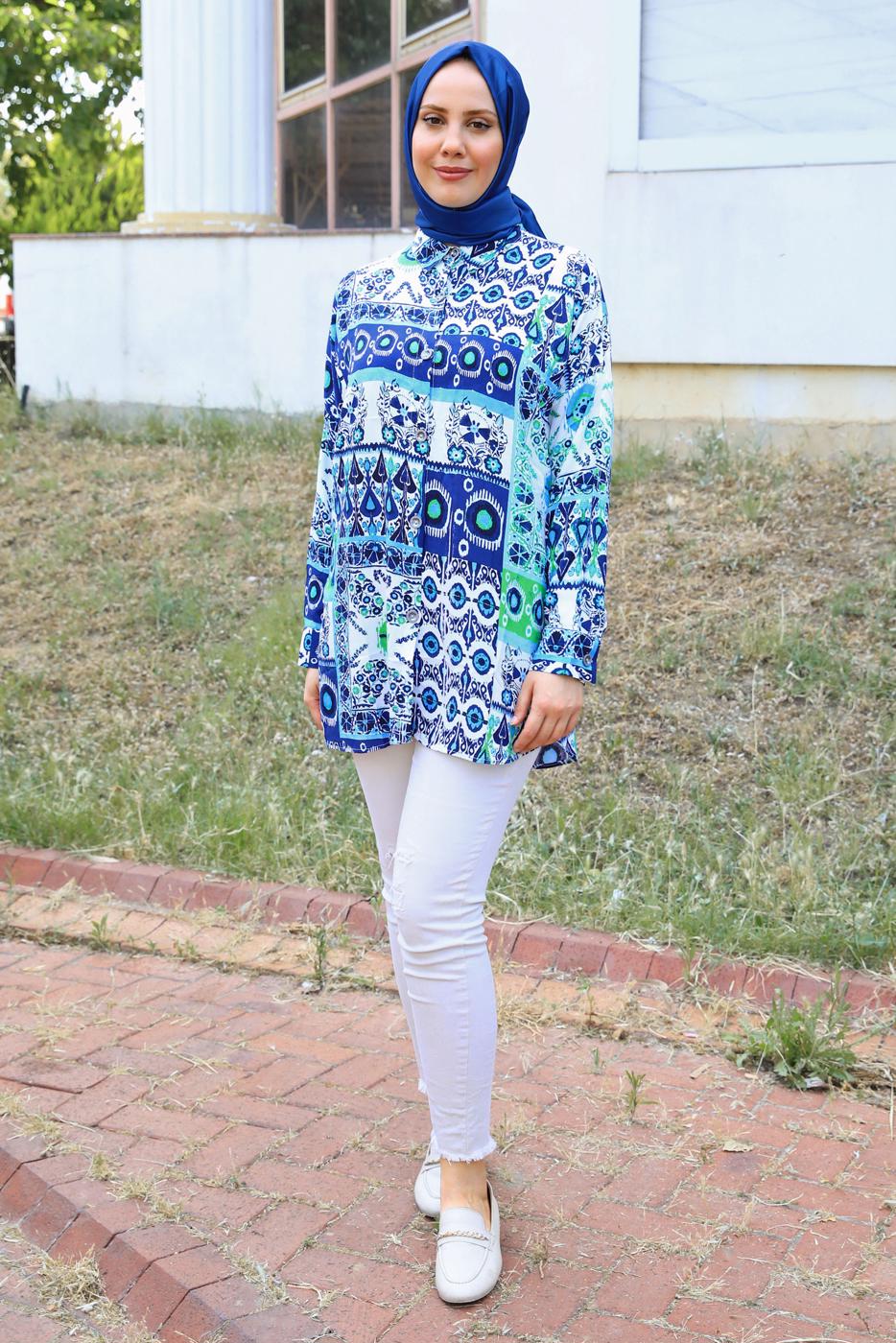 Tesettür giyim MAVİ DESENLİ PAMUKLU TUNİK T 3817