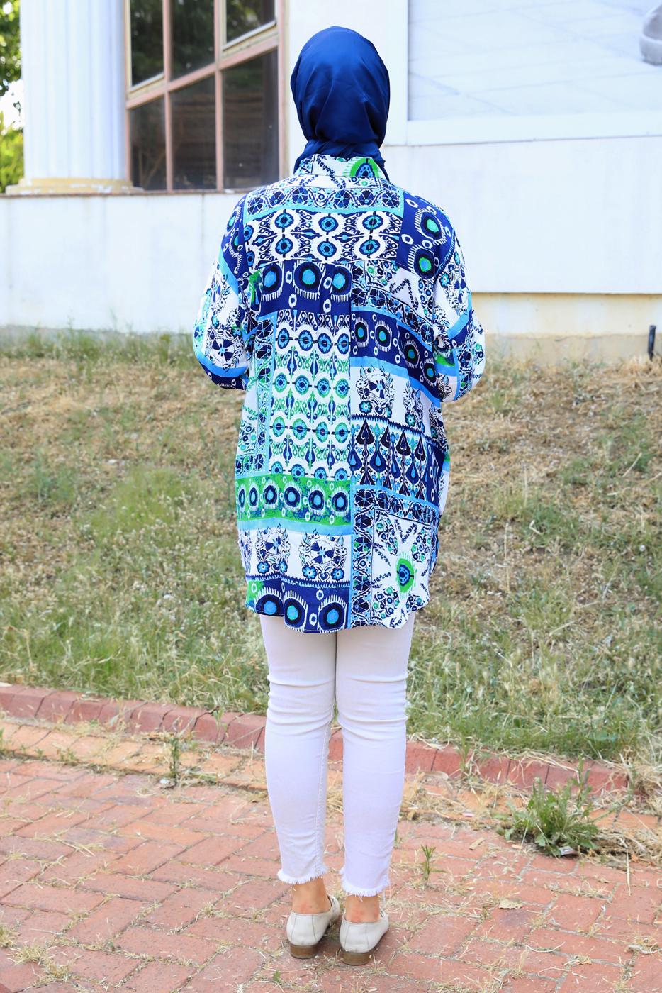 Tesettür giyim MAVİ DESENLİ PAMUKLU TUNİK T 3817