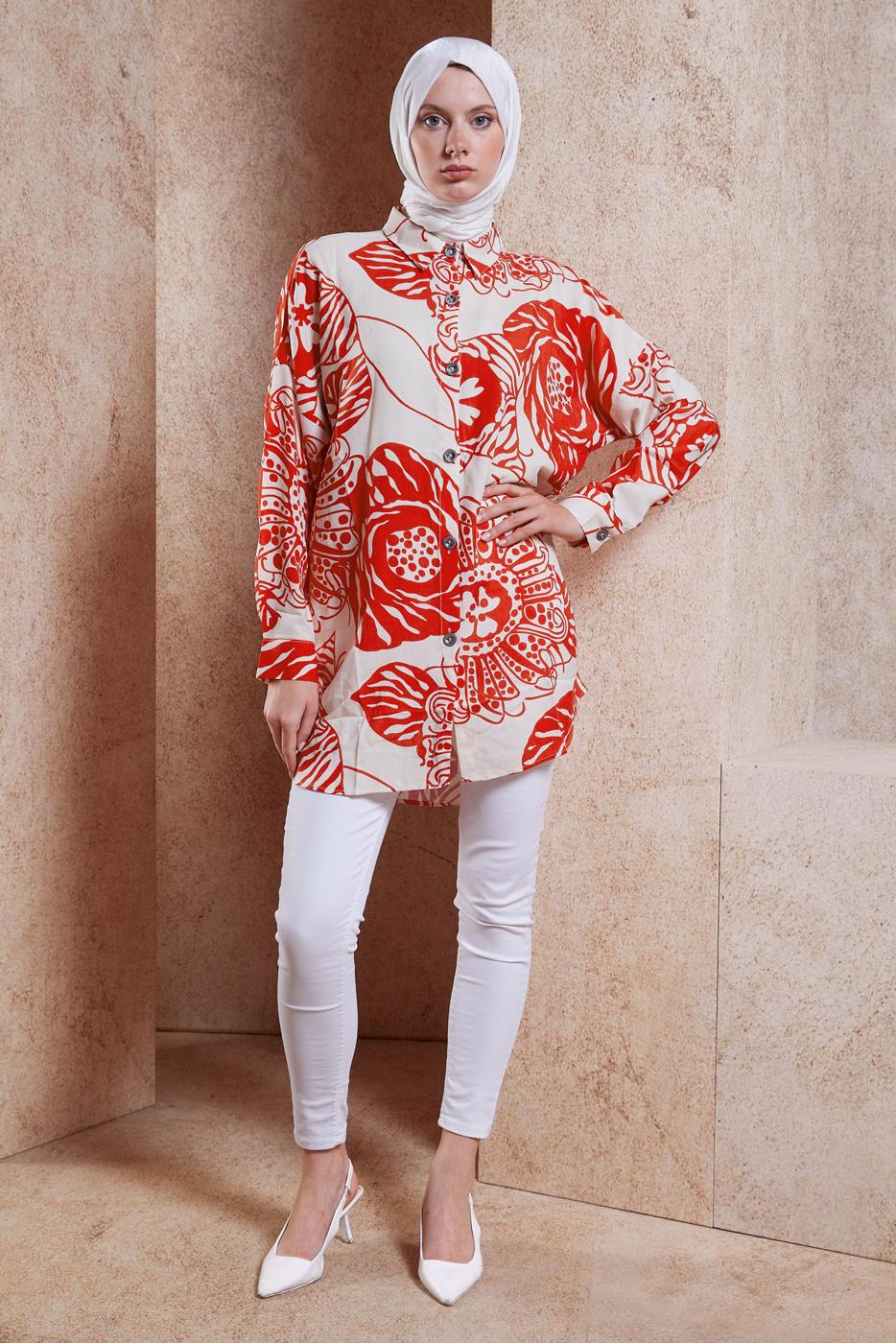 Tesettür giyim KIRMIZI DESENLİ PAMUKLU TESETTÜR TUNİK T 3818