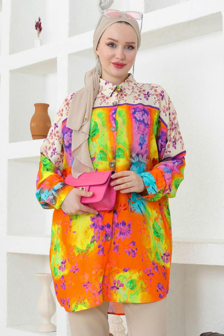 Tesettür giyim MOR DESENLİ PAMUKLU GÖMLEK TUNİK T 3852