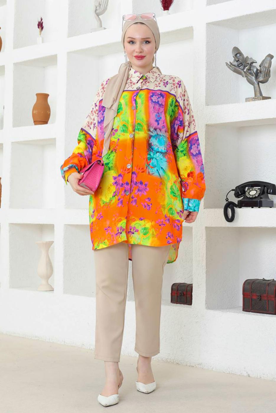 Tesettür giyim MOR DESENLİ PAMUKLU GÖMLEK TUNİK T 3852