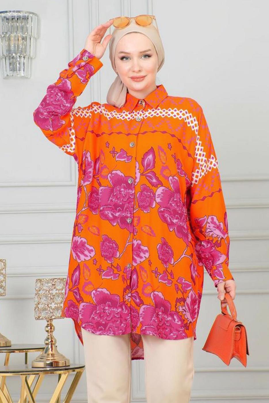 Tesettür giyim TURUNCU DESENLİ PAMUKLU GÖMLEK TUNİK T 4231