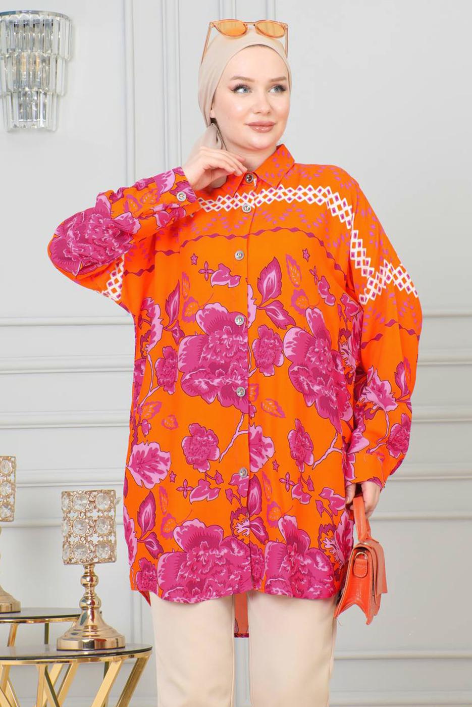 Tesettür giyim TURUNCU DESENLİ PAMUKLU GÖMLEK TUNİK T 4231