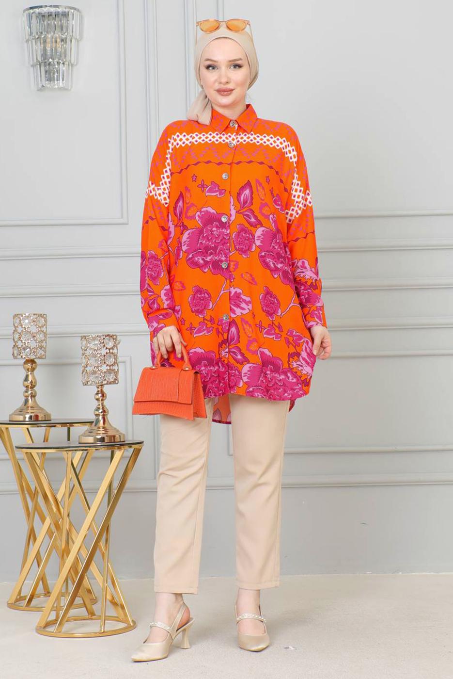 Tesettür giyim TURUNCU DESENLİ PAMUKLU GÖMLEK TUNİK T 4231