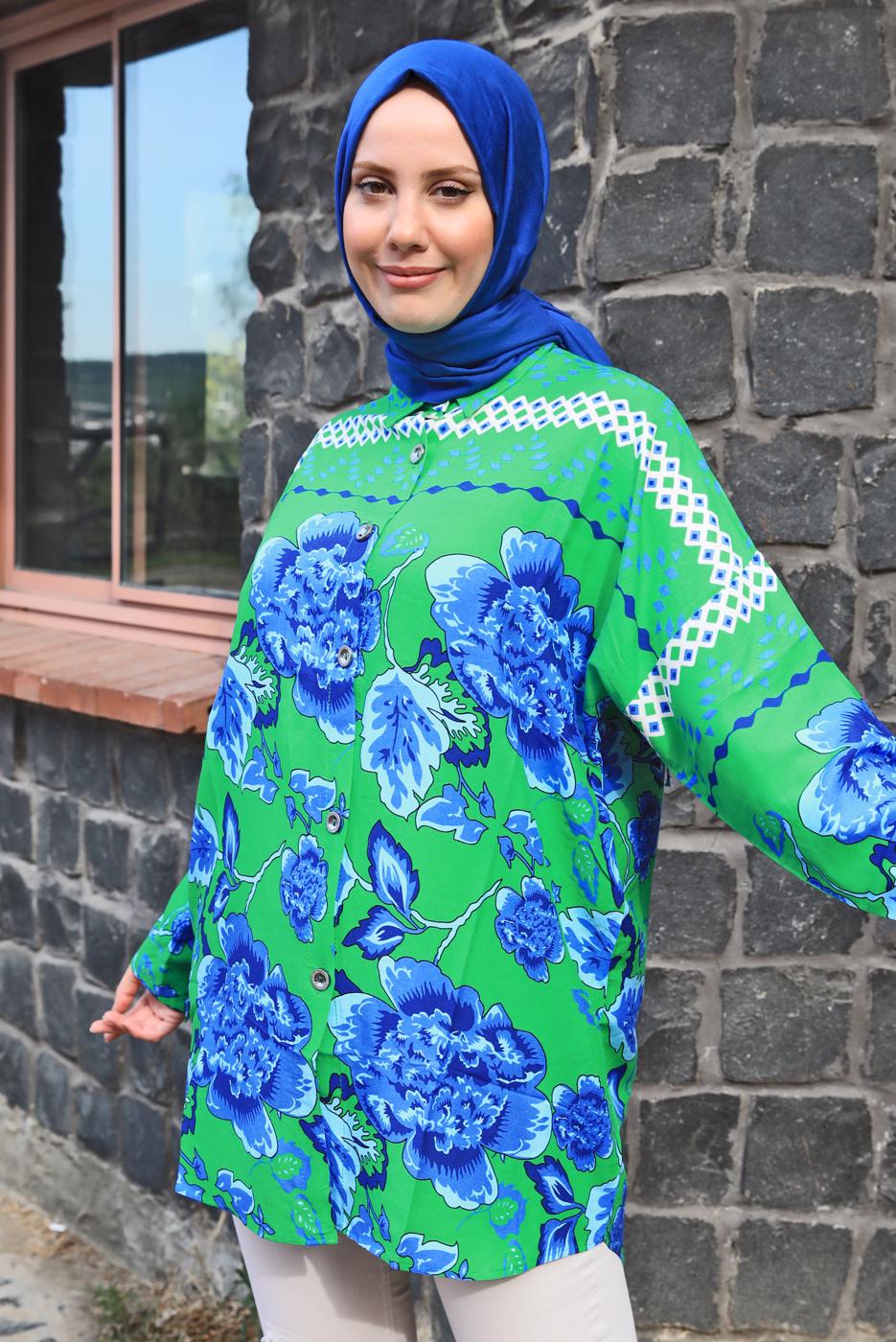Tesettür giyim YEŞİL DESENLİ PAMUKLU GÖMLEK TUNİK T 4231