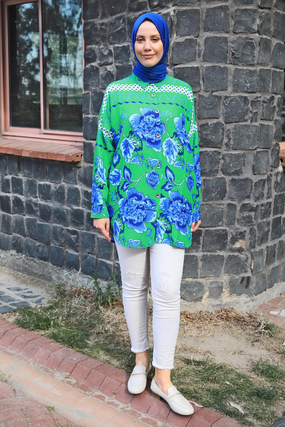 Tesettür giyim YEŞİL DESENLİ PAMUKLU GÖMLEK TUNİK T 4231