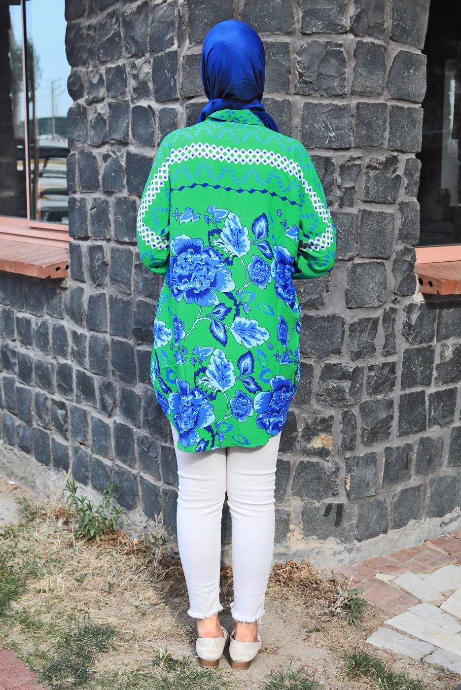 Tesettür giyim YEŞİL DESENLİ PAMUKLU GÖMLEK TUNİK T 4231