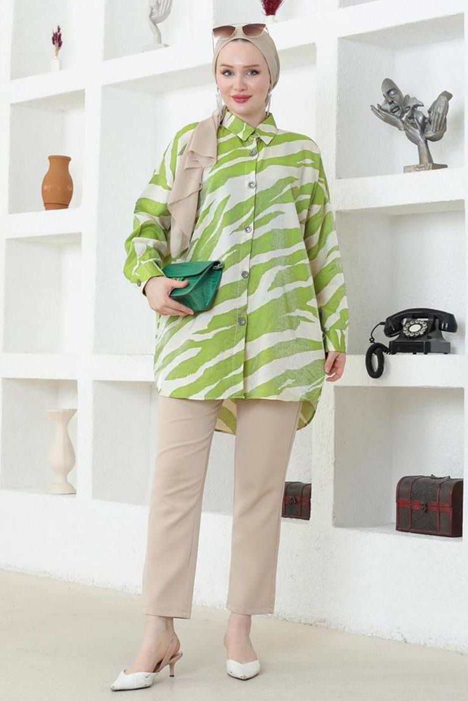 Tesettür giyim YEŞİL PAMUKLU TESETTÜR TUNİK T 4272