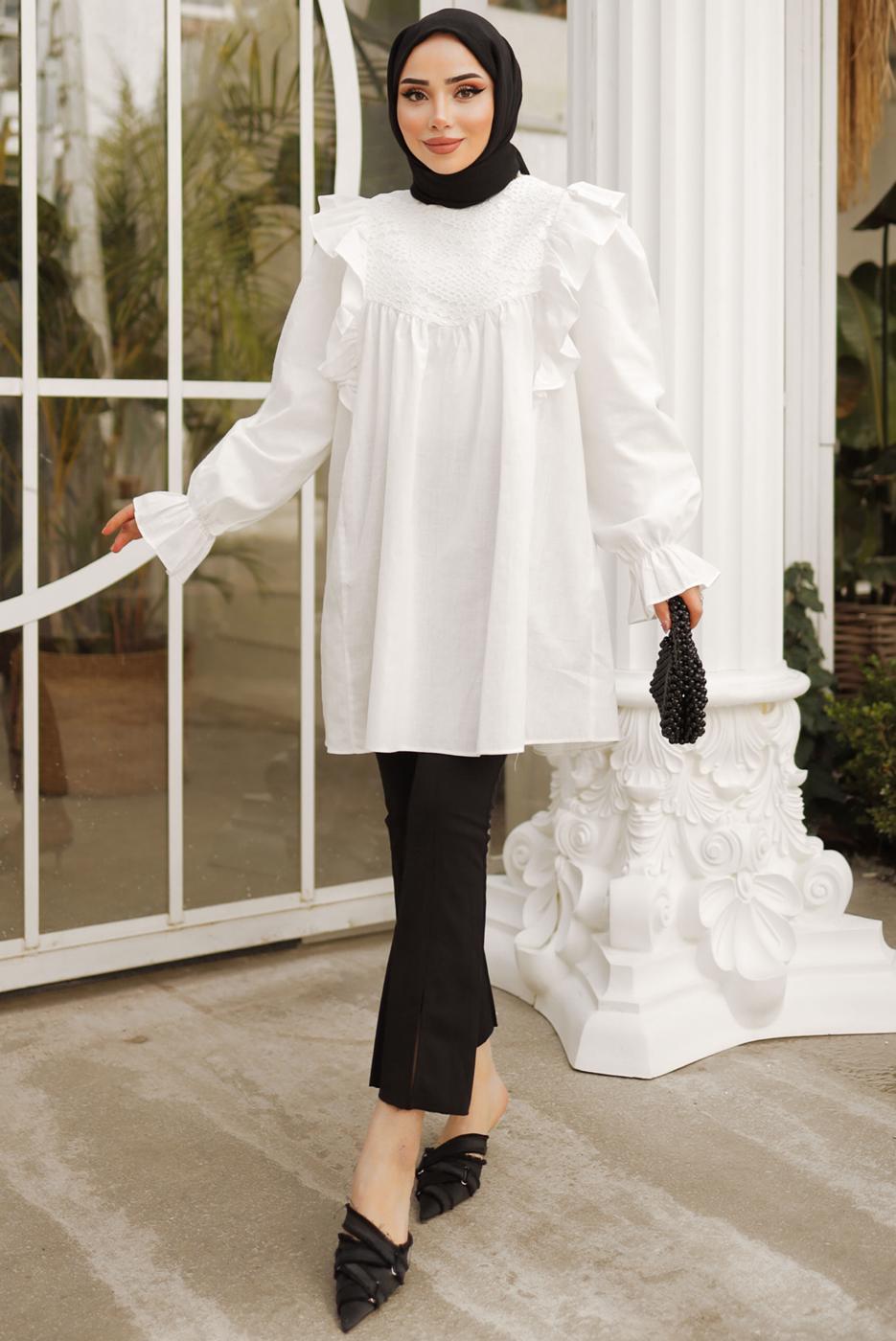 Tesettür giyim EKRU FIRFIR DETAYLI TUNİK T 4402