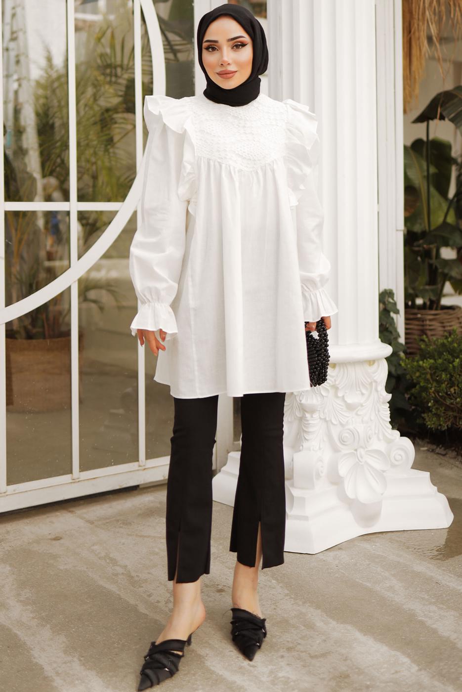 Tesettür giyim EKRU FIRFIR DETAYLI TUNİK T 4402