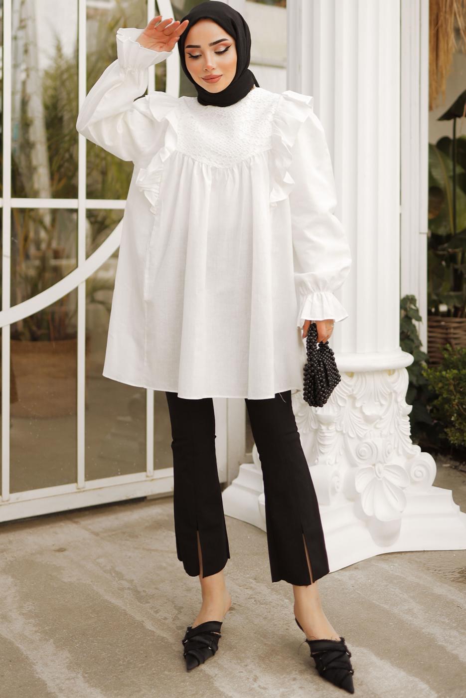 Tesettür giyim EKRU FIRFIR DETAYLI TUNİK T 4402