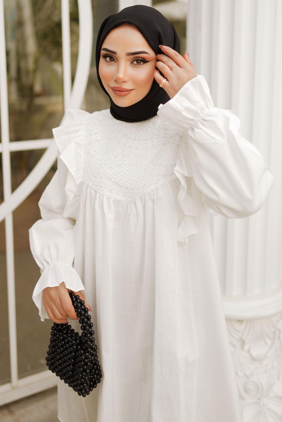 Tesettür giyim EKRU FIRFIR DETAYLI TUNİK T 4402