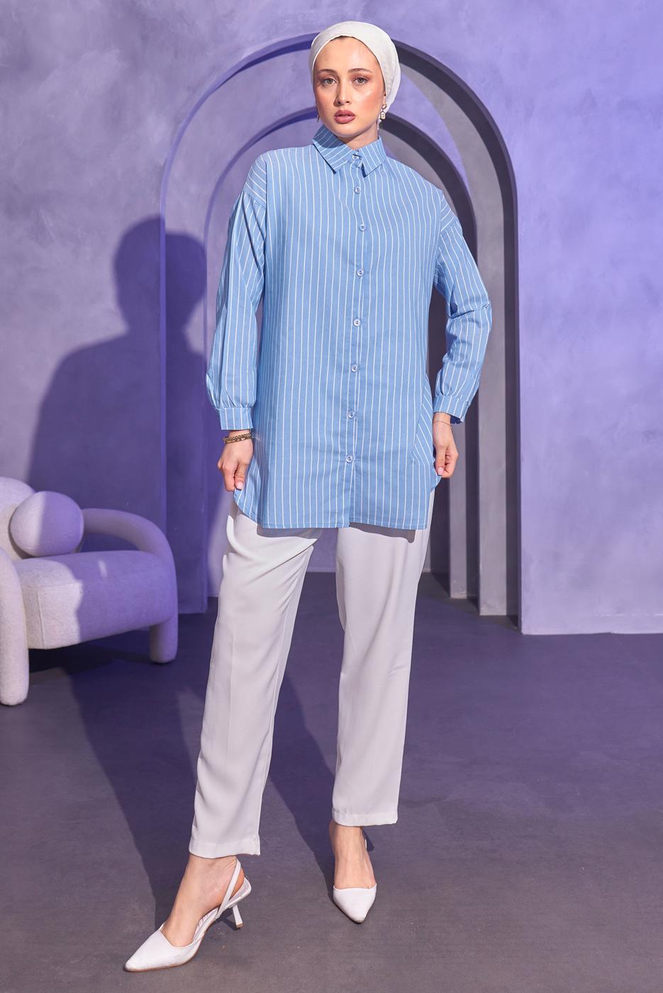 Tesettür giyim MAVİ ÇİZGİLİ GÖMLEK TUNİK T 4414