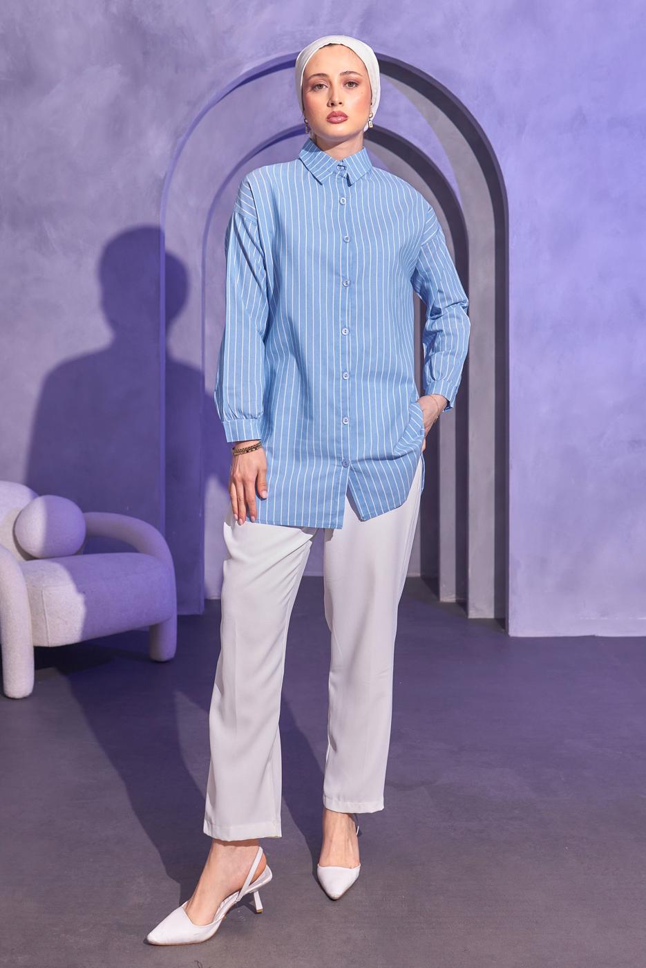 Tesettür giyim MAVİ ÇİZGİLİ GÖMLEK TUNİK T 4414