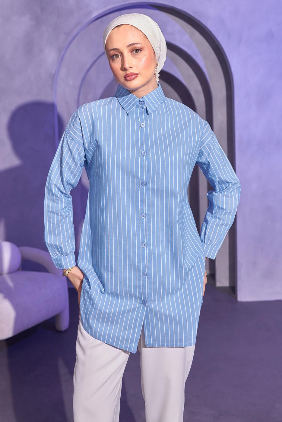 Tesettür giyim MAVİ ÇİZGİLİ GÖMLEK TUNİK T 4414
