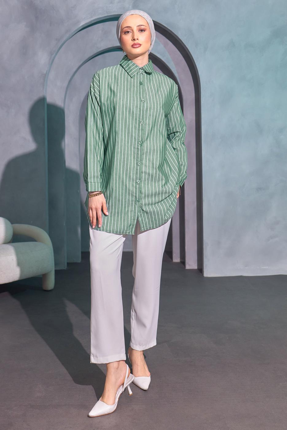 Tesettür giyim YEŞİL ÇİZGİLİ GÖMLEK TUNİK T 4414