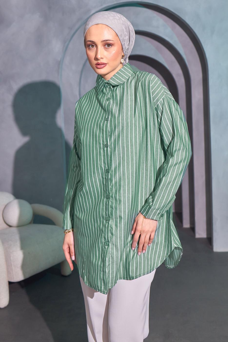 Tesettür giyim YEŞİL ÇİZGİLİ GÖMLEK TUNİK T 4414