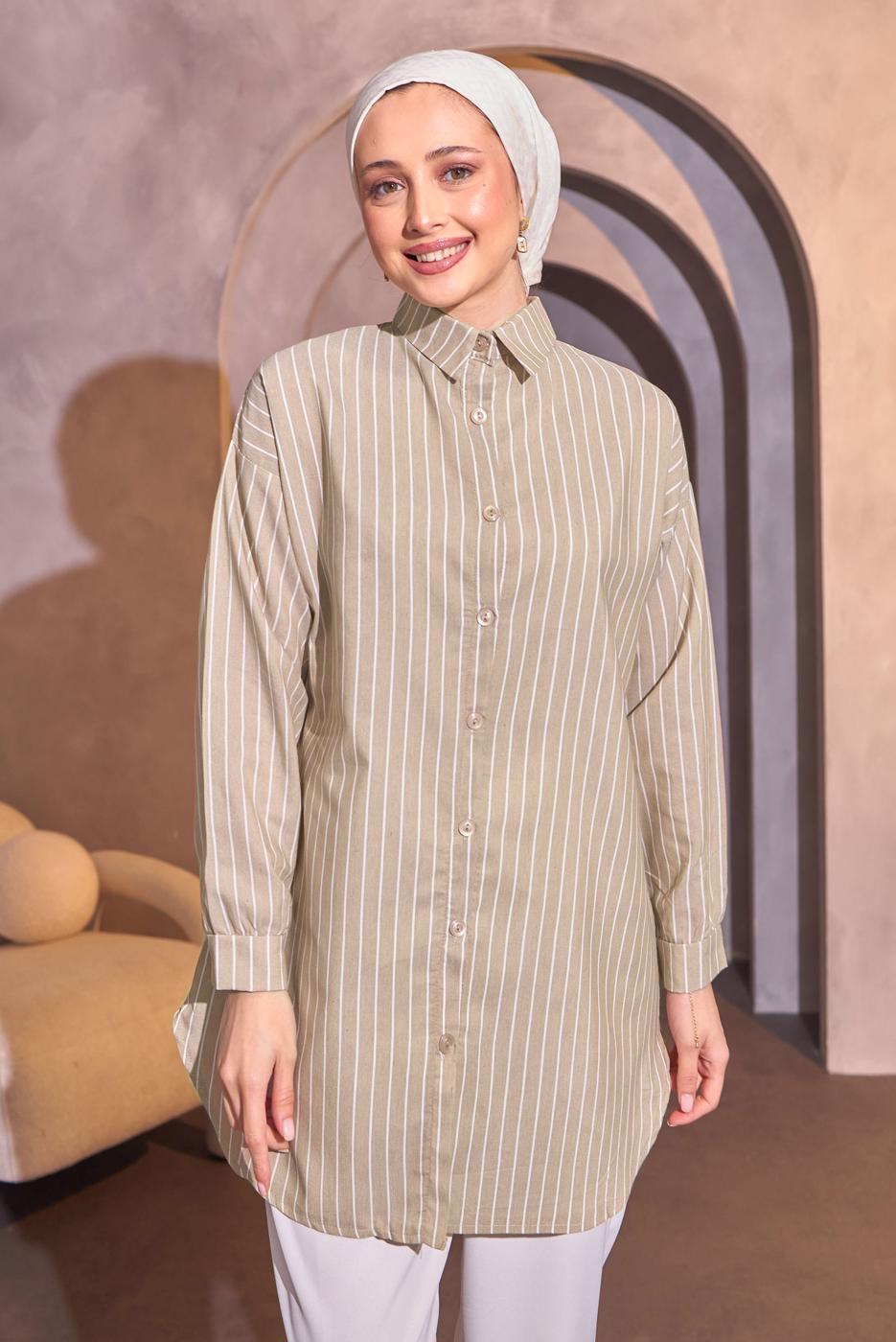 Tesettür giyim BEJ ÇİZGİLİ GÖMLEK TUNİK T 4414