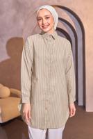 Tesettür giyim BEJ ÇİZGİLİ GÖMLEK TUNİK T 4414